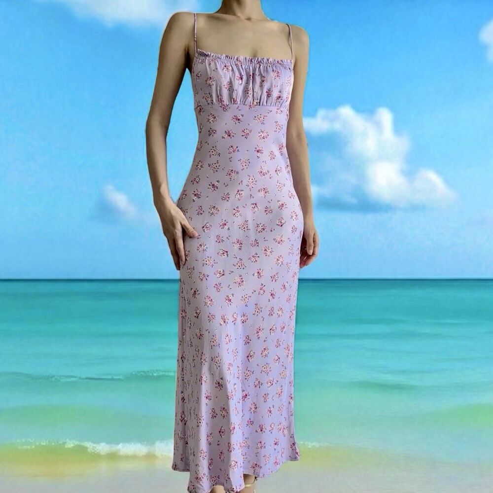 NWOT Zara Satin Purple Floral Print Low Back Tie Waist French Belle Slip Dress M